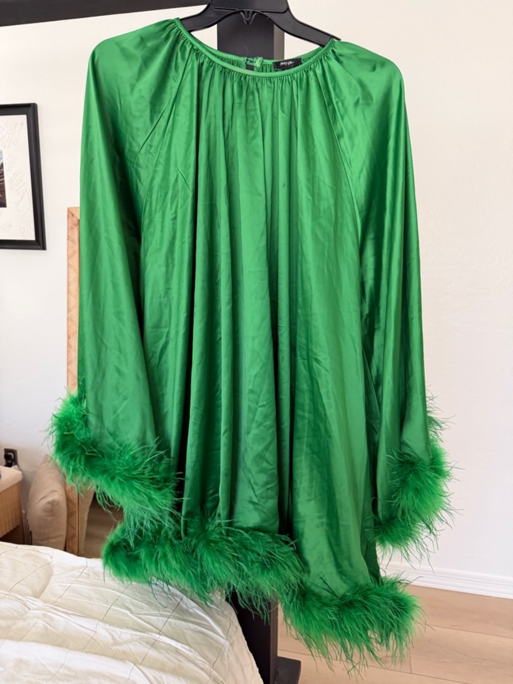 Nasty Gal Emerald Green Satin feather trim babydoll bell sleeve dress size 14